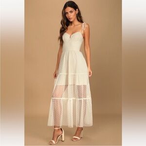 Lulus size Medium Romantic Spot Cream Polka Dot Mesh Tiered Midi Dress NWT